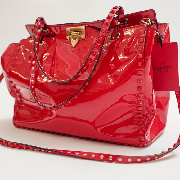 Valentino Patent Red Leather Rockstud Trapeze Medium Tote Bag - Picture 1 of 13